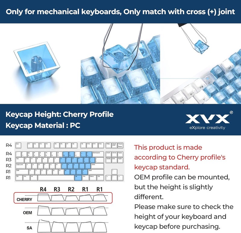 GMKWTL أغطية مفاتيح كريستالية شفافة فارغة XVX، مادة PC مخصصة DIY أغطية لوحة مفاتيح على شكل قلب حلو، أغطية مفاتيح حلوى زرقاء مضاءة على شكل شيري لميكانيكية MX (21 قطعة) - Image 3
